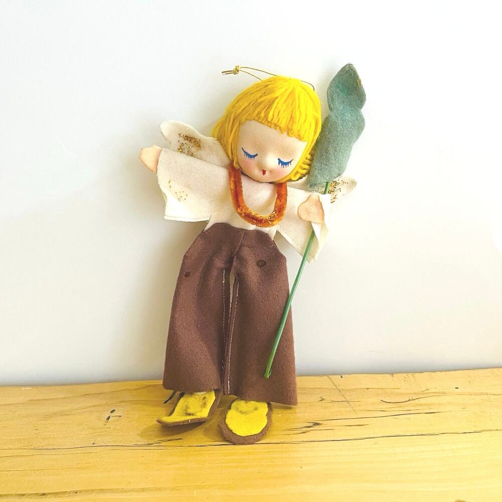 Vtg 50s Christmas Angel Kitschy Ornament Japan Wings Halo Felt Yarn Hand-Painted